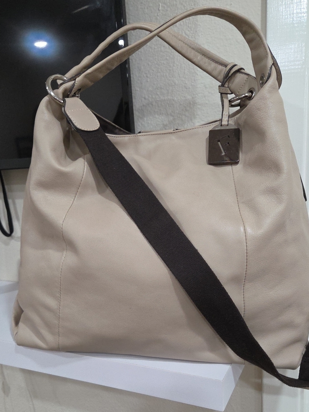 FURLA Cream Leather Shoulder Bag with Contrast Strap